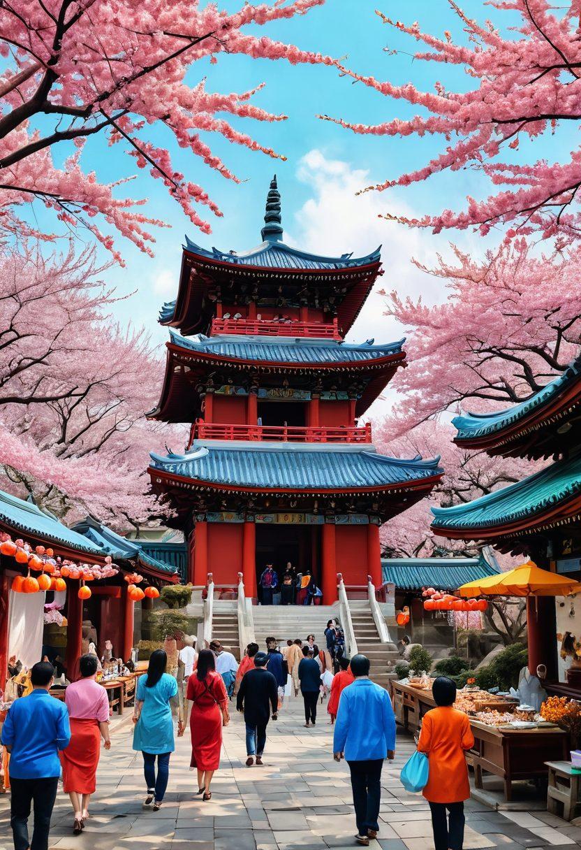 A colorful collage of traditional Asian elements: a serene temple surrounded by cherry blossoms, street food stalls bustling with activity, intricate textiles showcasing vibrant patterns, and joyful people engaging in cultural festivities. Overlay this with subtle textures to enhance depth and warmth. vibrant colors. painting.