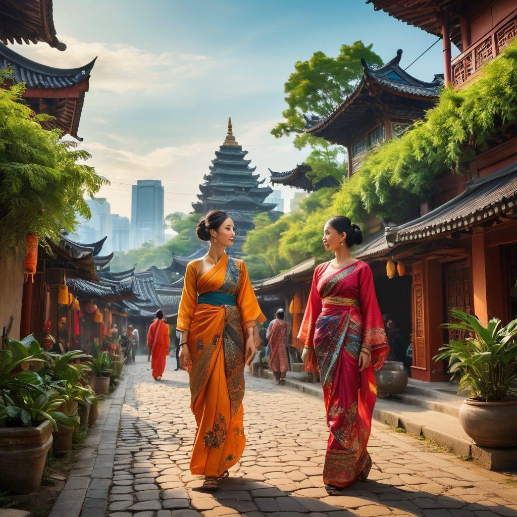 A vibrant scene depicting diverse communities in Asia, blending traditional heritage with modern elements. Showcase an intricate fusion of ancient architecture alongside contemporary urban life, with locals engaging in cultural activities and festivals. Include colorful traditional attire juxtaposed with modern fashion, surrounded by lush greenery or urban landscapes. Emphasize a sense of connection and collaboration among the people. super-realistic. vibrant colors. urban and natural landscape.