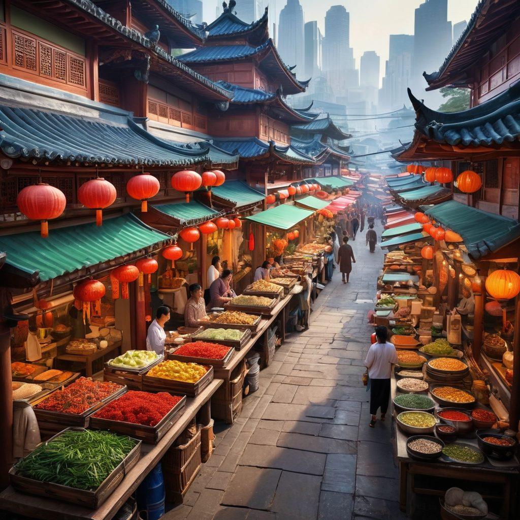 A vibrant, bustling Asian street market, showcasing an array of colorful food stalls with exotic dishes, spices, and fruits. Incorporate elements of traditional Asian architecture in the background and people enjoying the experience. Include a serene tea ceremony setting on one side, blending culinary and lifestyle aspects.  The scene should convey a sense of adventure and discovery. super-realistic. vibrant colors. 3D.